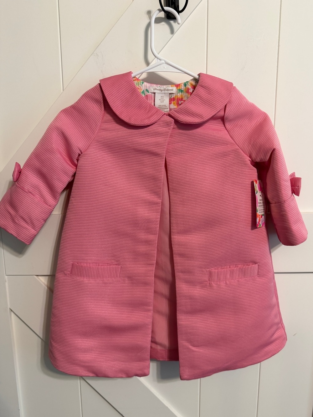 New Tommy Bahama Pink Girls' Size 6 Peter Pan Collar Pea Coat Bow Sleeve